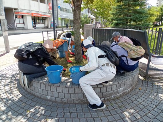 8月7日に円形ますの除草をするお助け隊