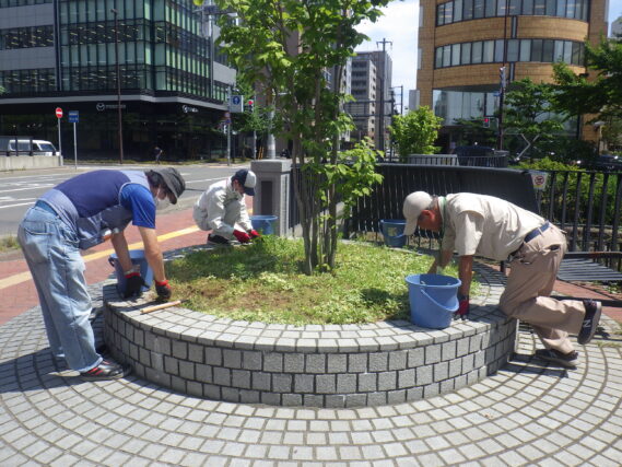 円形ますの除草をするお助け隊