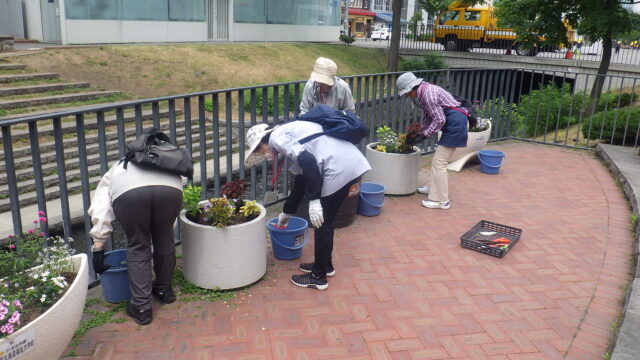 狸二条広場のコンテナのお手入れをする花くらぶ