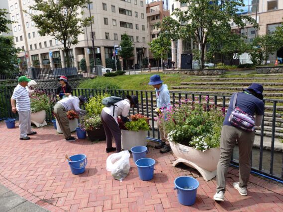 狸二条広場のコンテナ花壇のお手入れをする花くらぶ