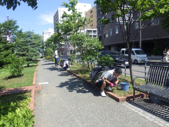 雑草取りの活動をする高校生ボランティア