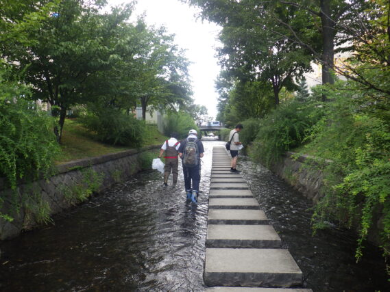 公園内を流れる創成川のゴミ拾い活動をする市民団体ボランティア