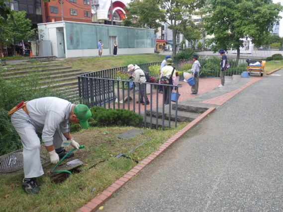 狸二条広場のコンテナ花壇のお手入れをする花くらぶ