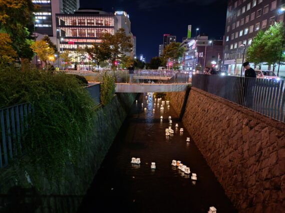 創成川の灯篭を流している様子