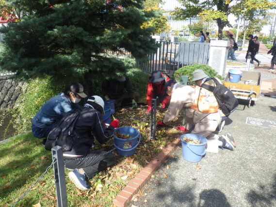 南1条でスズランの刈込みをするお助け隊