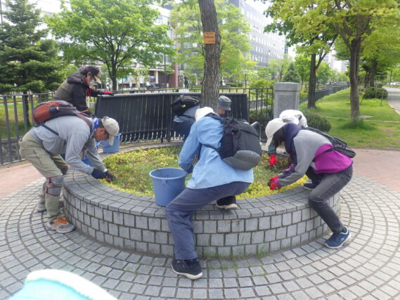 円形ますの除草をするお助け隊