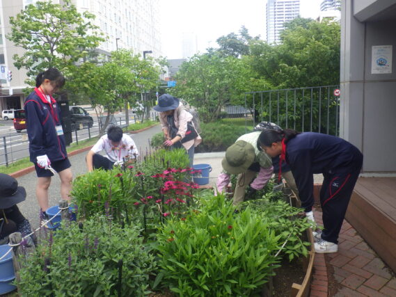 花壇のお手入れをする花くらぶと高校生ボランティア
