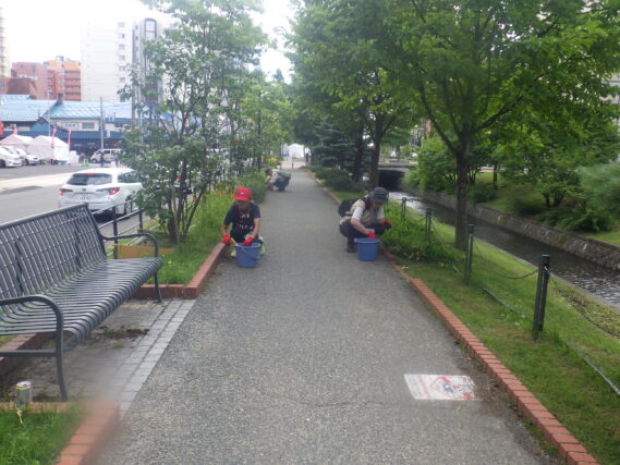 園路の除草をするお助け隊