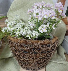 あけびつるを絡めて作るハンギングバスケットと寄せ植えの見本