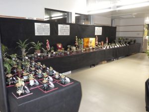 おもと秋季展　会場の様子で、黒い布がかけられた机に赤い縁取りの地板が置かれ、さまざまな斑や葉の形をしたおもとが美しい錦鉢に植え込まれて並ぶ