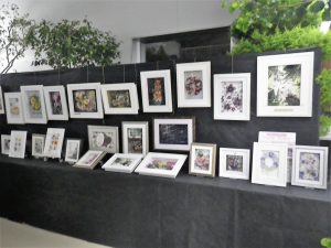 黒い不織布のパーテーションに額作品がかけられているものと立てられているものが飾られいる
