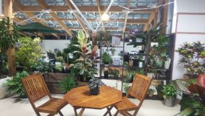 飾り棚越しに会場が見える休憩スペース