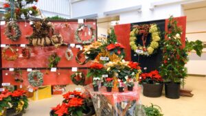 アトリウムの大リースとポインセチア