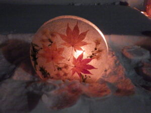 落ち葉と花のアイスボード。丸い形の氷の板の中に押した落ち葉や押し花、ドライフラワーなどを入れてあり、ボードの後ろにろうそくの灯りが見える