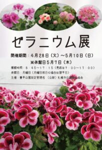 ゼラニウム展を案内するポスター
開催日時4月28日から5月10日まで
8時45分から17時15分まで